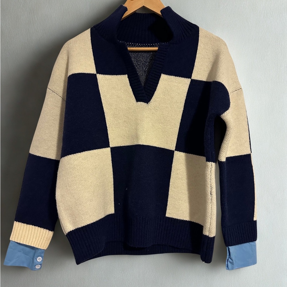 Navy and Cream Checkered Women’s Sweater